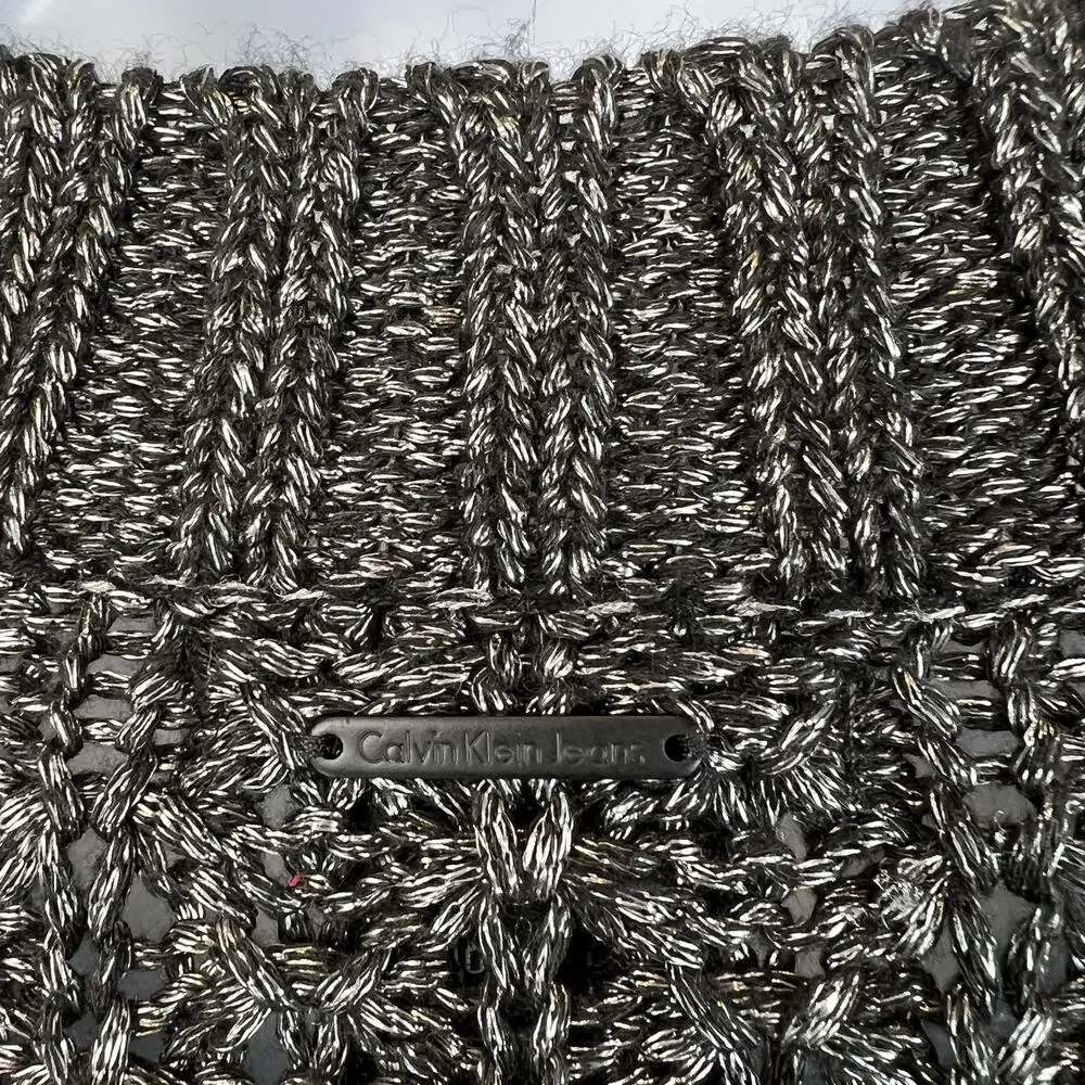 Calvin Klein Jeans‎ Open crochet Knit Chunky Sweater Women's Med Metallic Silver